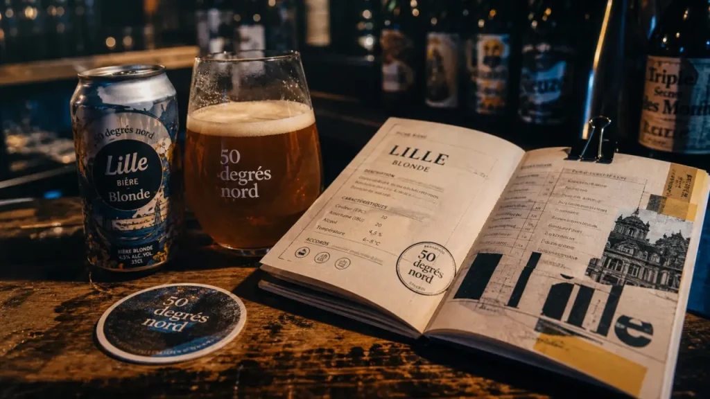 50 degres nord bière à Lille : canette et verre ambré en bar