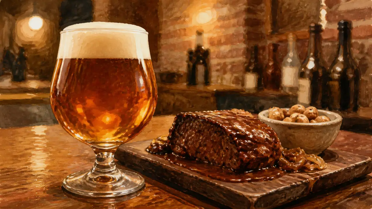 Ambrée du nord : verre de bière ambrée aux notes caramel, carbonade flamande
