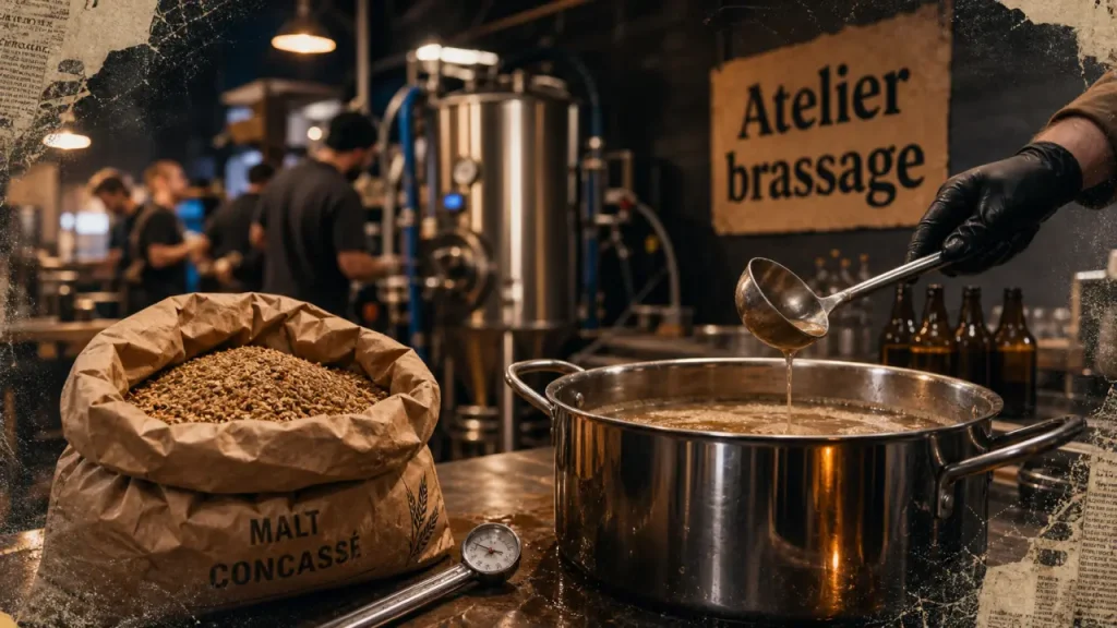 atelier brassage bière nord : malt concassé, thermomètre acier, moût dans cuve inox