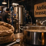 atelier brassage bière nord : malt concassé, thermomètre acier, moût dans cuve inox
