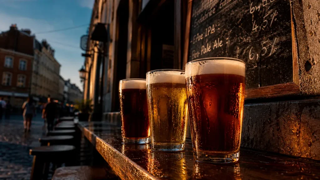 Bi&egrave;re artisanale Lille sur comptoir, verres ambr&eacute;s et ambiance quartier