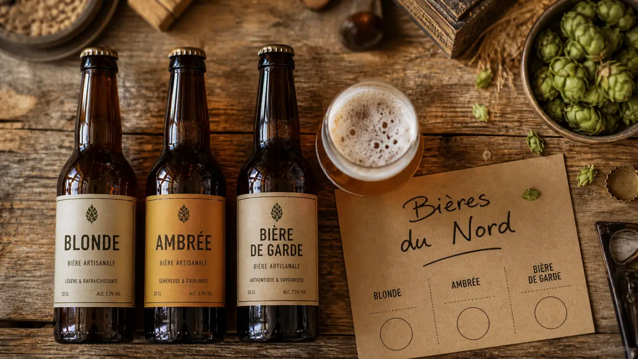 Biere artisanale nord : bouteilles et ardoise de dégustation