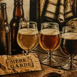 Bière de garde, bouteilles et verres tulipe dorés et ambrés