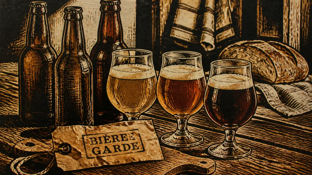 Bière de garde, bouteilles et verres tulipe dorés et ambrés