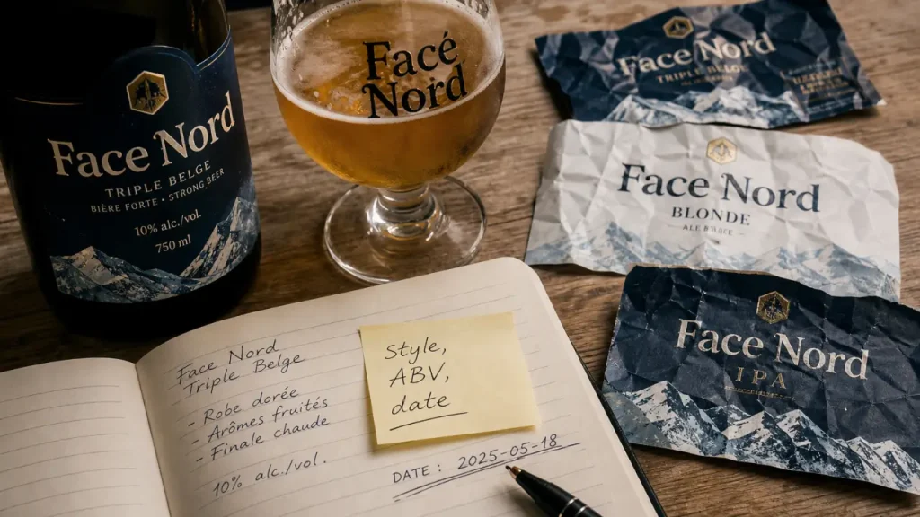 Bire face nord, verre dor, tiquettes et chantillons