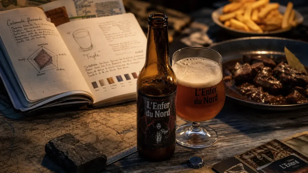 Bière l'enfer du nord : bouteille et verre sur table, ambiance nord.