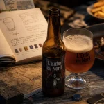 Bière l'enfer du nord : bouteille et verre sur table, ambiance nord.