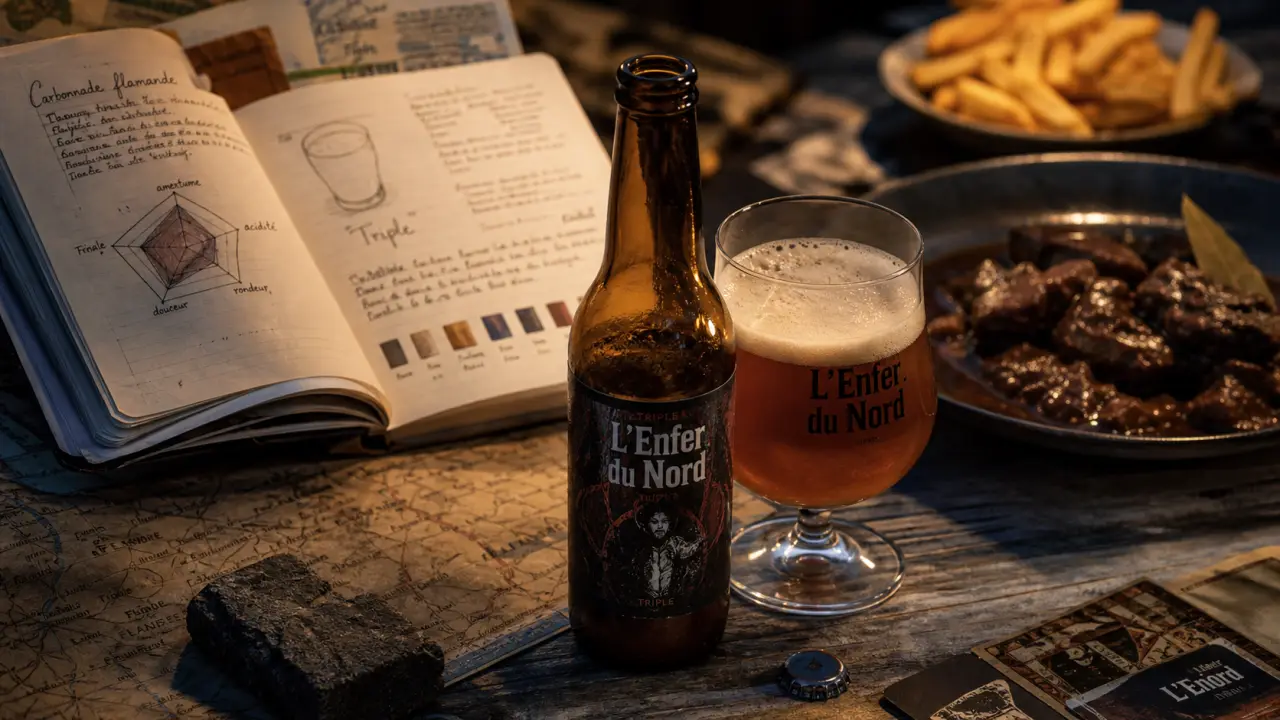 Bière l'enfer du nord : bouteille et verre sur table, ambiance nord.