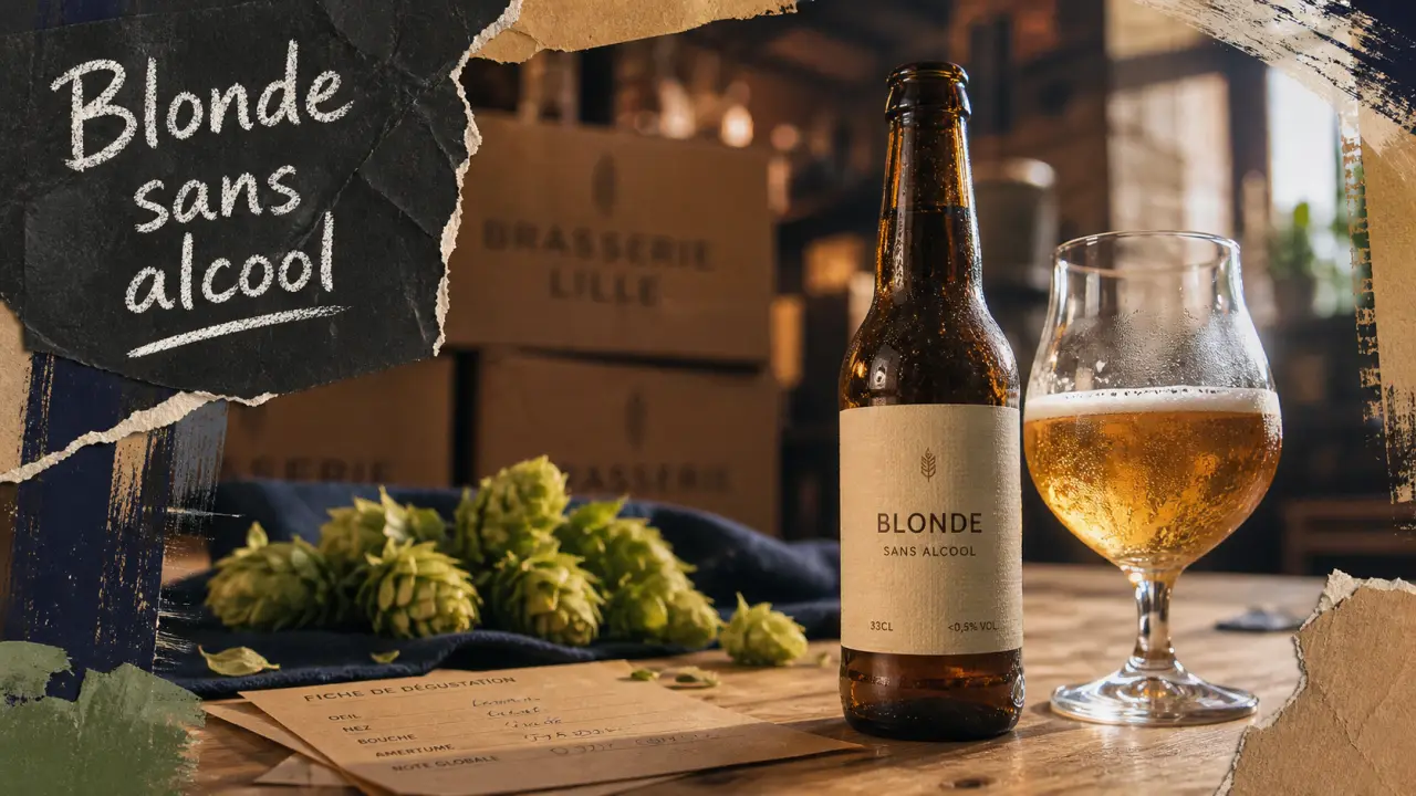 Bière sans alcool nord : bouteille et verre tulipe en brasserie à Lille