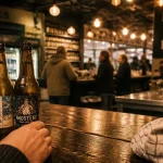 Bière wazemmes : bouteilles artisanales dans un comptoir de marché couvert à Wazemmes