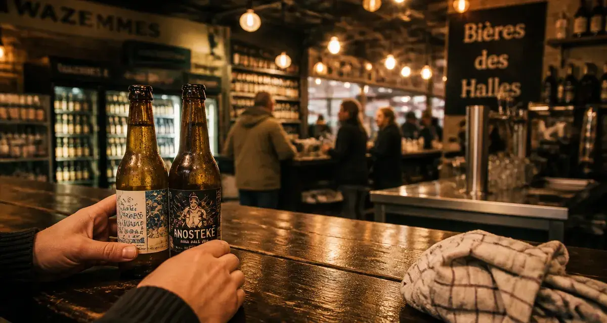 Bière wazemmes : bouteilles artisanales dans un comptoir de marché couvert à Wazemmes