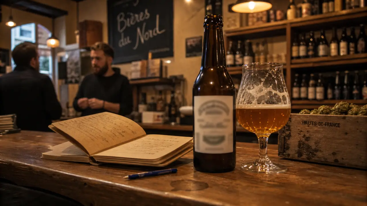 Brasserie artisanale du Nord : bouteille et verre au bar de bière