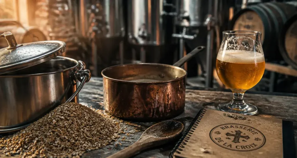 Brasserie croix : malt, cuivre et mousse artisanale sur établi de brasserie