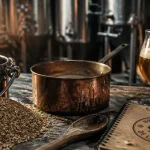 Brasserie croix : malt, cuivre et mousse artisanale sur établi de brasserie