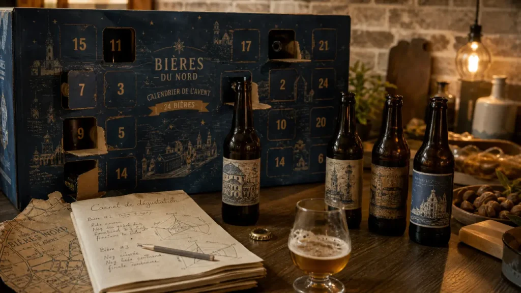 Calendrier de l'avent bière du nord : 24 cases, bouteilles et verre de dégustation