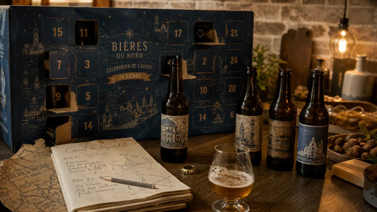 Calendrier de l'avent bière du nord : 24 cases, bouteilles et verre de dégustation
