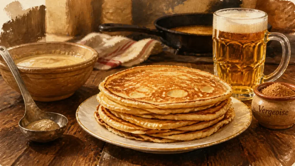 Crêpe du nord à la levure de boulanger et bière : crêpes moelleuses sur assiette blanche