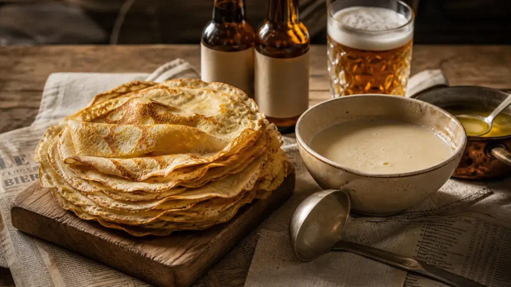 Crêpes du nord à la bière : pile de crêpes dorées à la bière artisanale