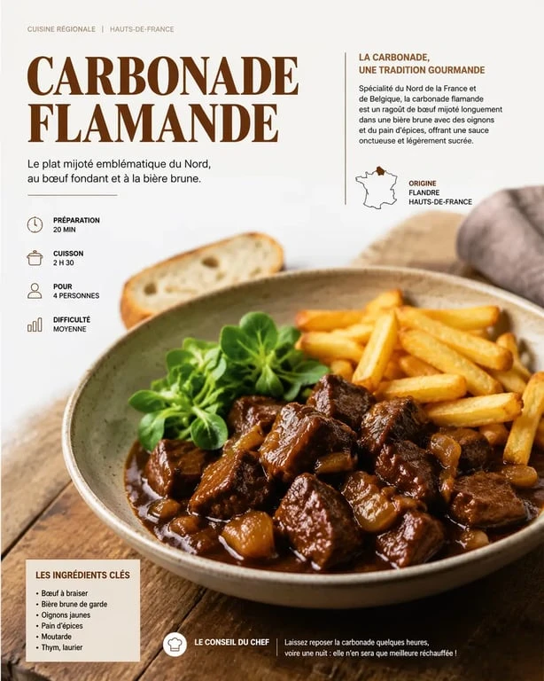 Recette carbonade flamande avec bœuf mijoté à la bière brune, sauce nappante et frites dorées