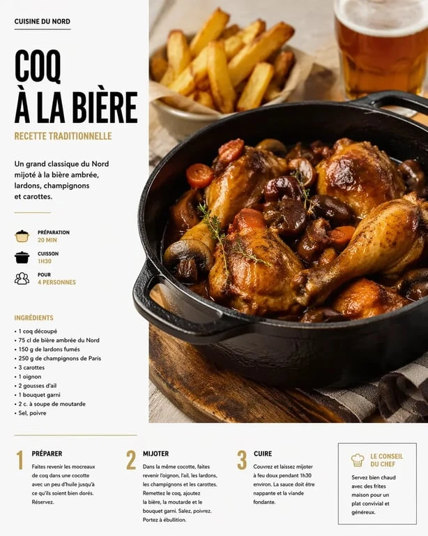 Recette du Nord coq à la bière servi en cocotte avec sauce brune, frites maison et bière ambrée