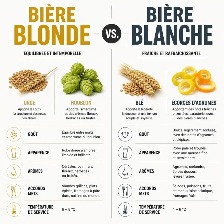 Infographie comparative montrant la différence entre bière blanche et blonde : ingrédients et profil aromatique
