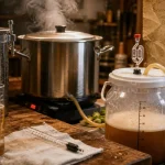 Fabriquer biere : brassage à 63-68°C, cuve inox et thermomètre