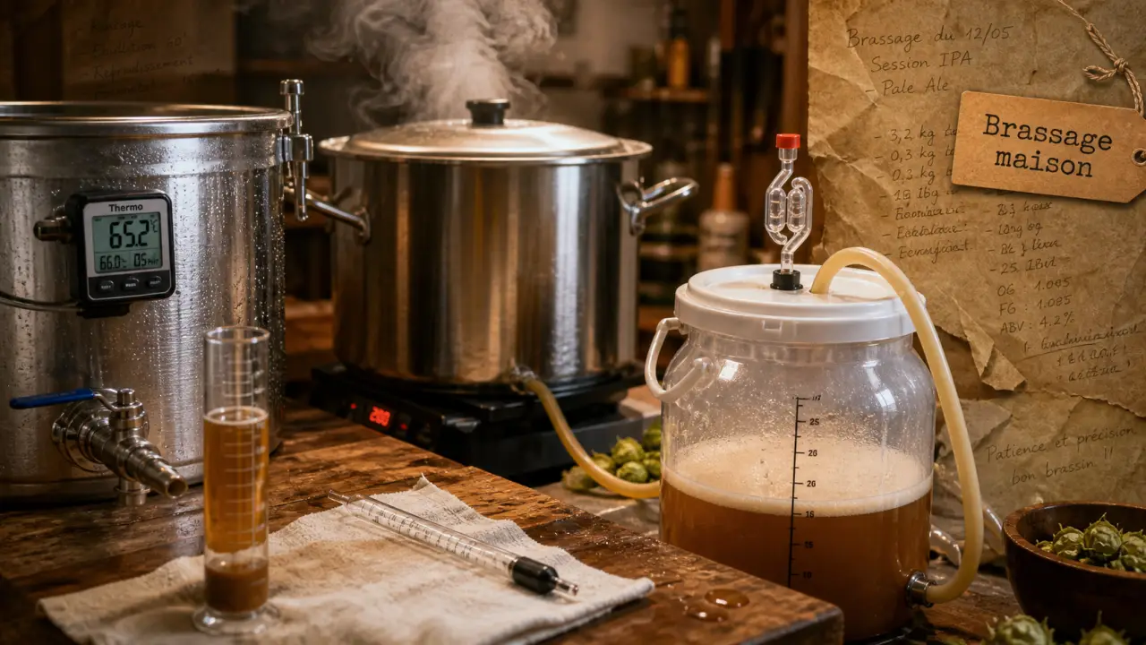 Fabriquer biere : brassage à 63-68°C, cuve inox et thermomètre