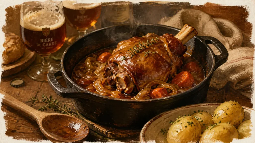 Jambonneau à la bière du nord, sauce ambrée brillante, cuisson douce