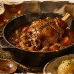 Jambonneau à la bière du nord, sauce ambrée brillante, cuisson douce