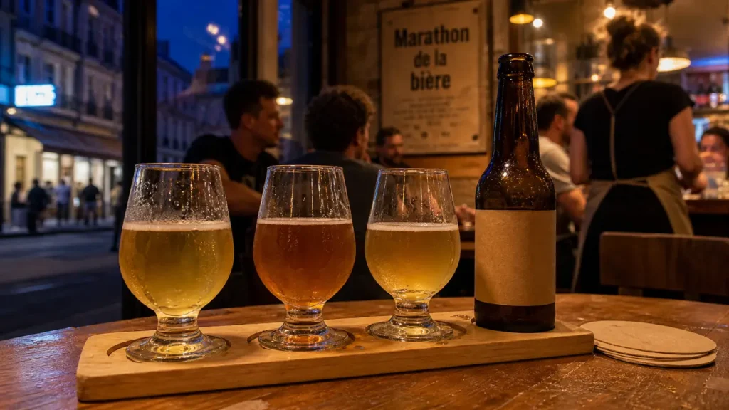 Marathon de la bière nord à Lille : verres de dégustation et bouteille en bar