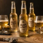 Marque de biere blonde du Nord : bière locale céréalière, bouteilles et verres