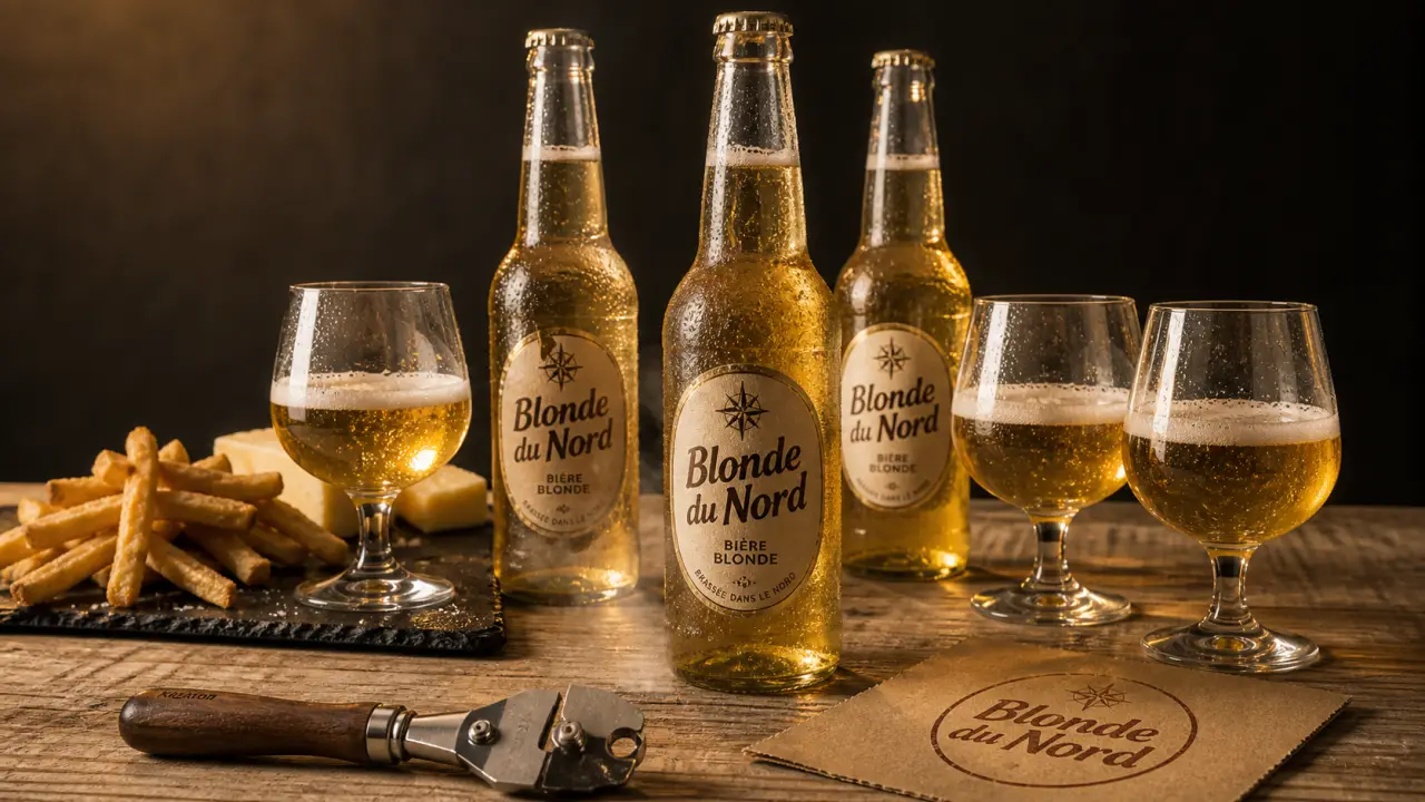 Marque de biere blonde du Nord : bière locale céréalière, bouteilles et verres