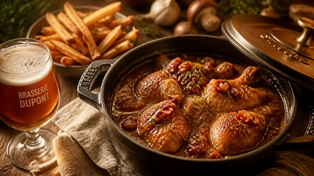Recette du nord coq à la bière : coq nappé en cocotte fonte, lardons et sauce ambrée