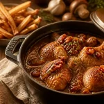 Recette du nord coq à la bière : coq nappé en cocotte fonte, lardons et sauce ambrée