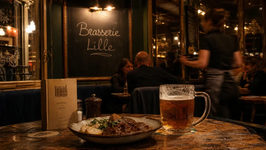 Resto in Lille : brasserie au centre, chope et carbonade