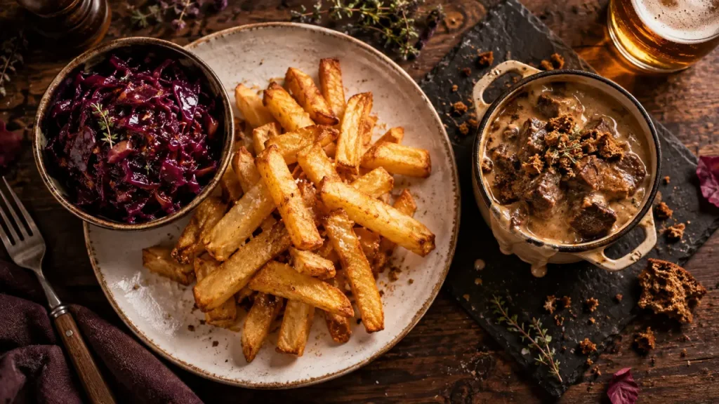 Les frites restent le meilleur accompagnement de la carbonnade flamande, mais le chou rouge l’équilibre