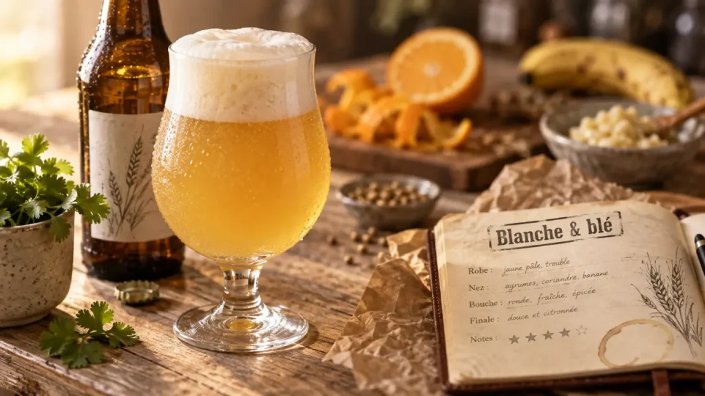Bières blanches : verre de witbier trouble, mousse dense, coriandre et agrumes