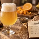 Bières blanches : verre de witbier trouble, mousse dense, coriandre et agrumes