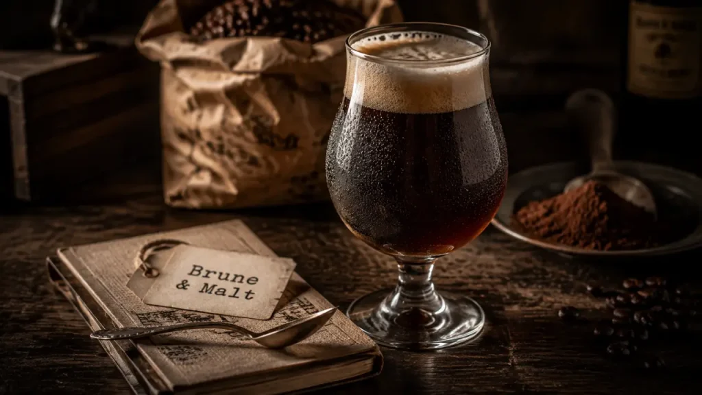 Bieres brunes, bière brune au malt et cacao sur table