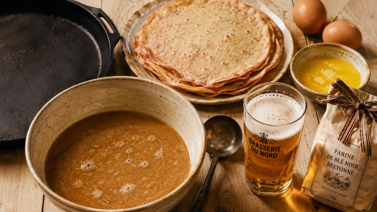Crêpe à la bière du nord et pâte légère au malt, poêle et bière ambrée