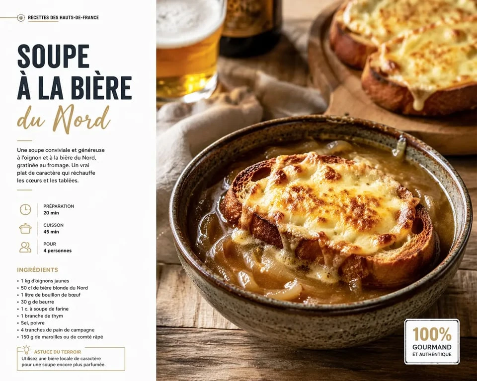 Soupe à la bière du Nord avec pain de campagne gratiné et fromage doré