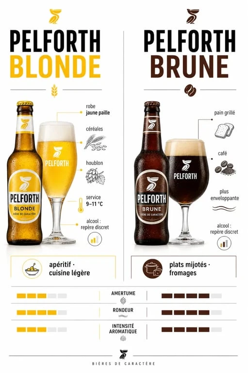 Biere pelforth Blonde et Brune, comparaison visuelle des arômes, du degré d’alcool et des accords