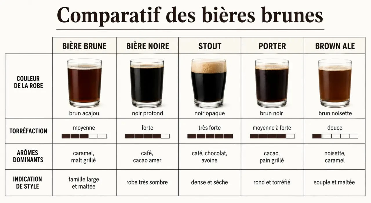 Bières brunes : tableau comparatif des styles, couleurs et arômes