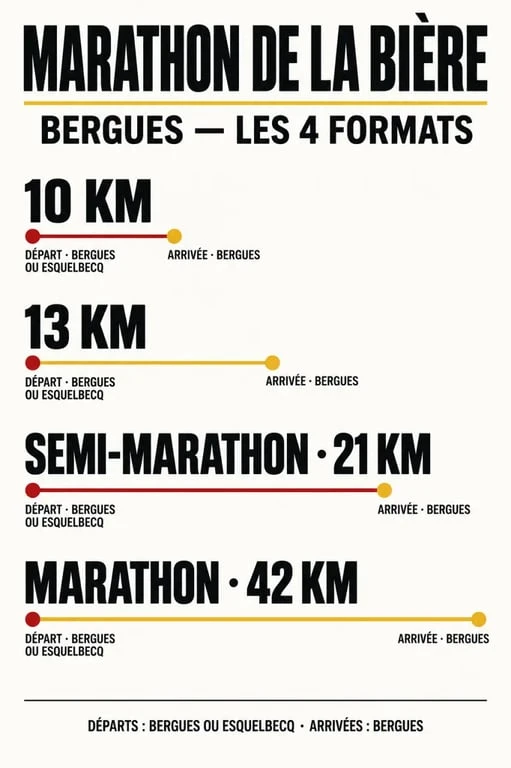 Infographie des distances et départs du Marathon de la Bière à Bergues