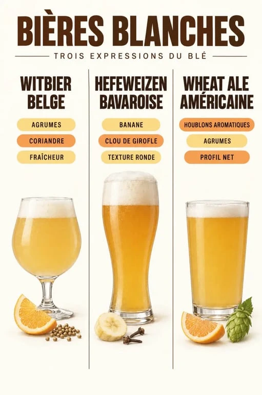 Infographie comparative des grandes familles de bières blanches : witbier, hefeweizen et wheat ale