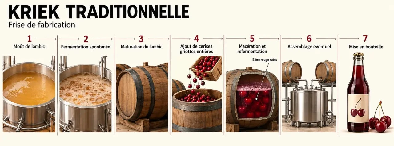 Frise illustrée du processus de fabrication d'une kriek traditionnelle au lambic et aux griottes