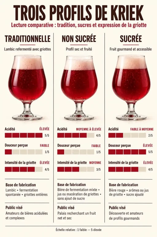 Infographie comparative des styles de kriek traditionnelle, non sucrée et sucrée