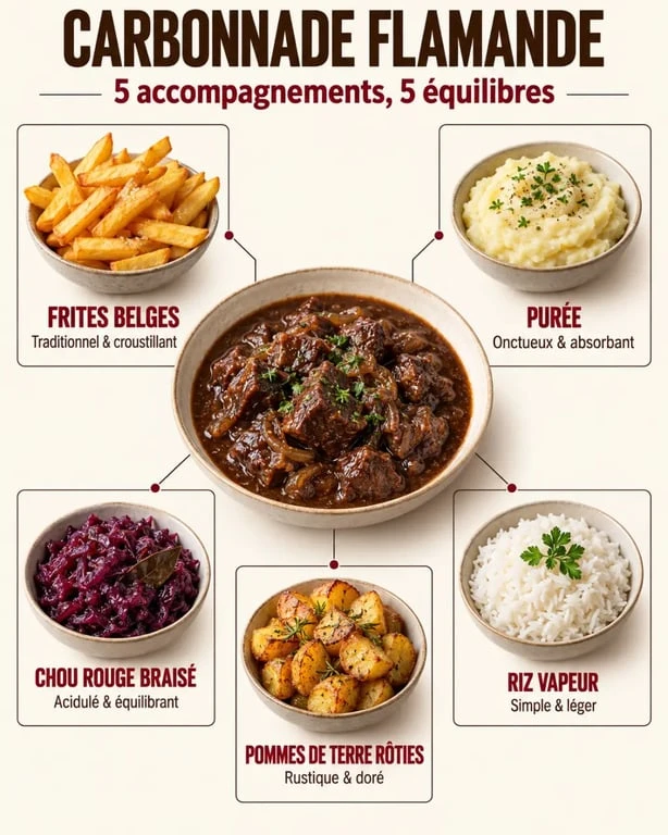 Accompagnement carbonnade flamande : comparaison des frites, de la purée, du chou rouge, des pommes de terre rôties et du riz