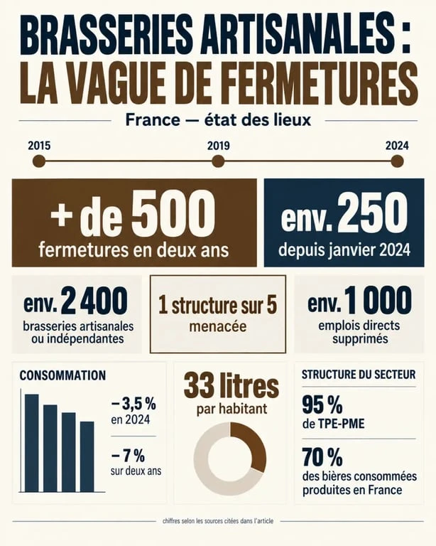 Infographie sur la fermeture des brasseries artisanales en France et les chiffres clés de la crise