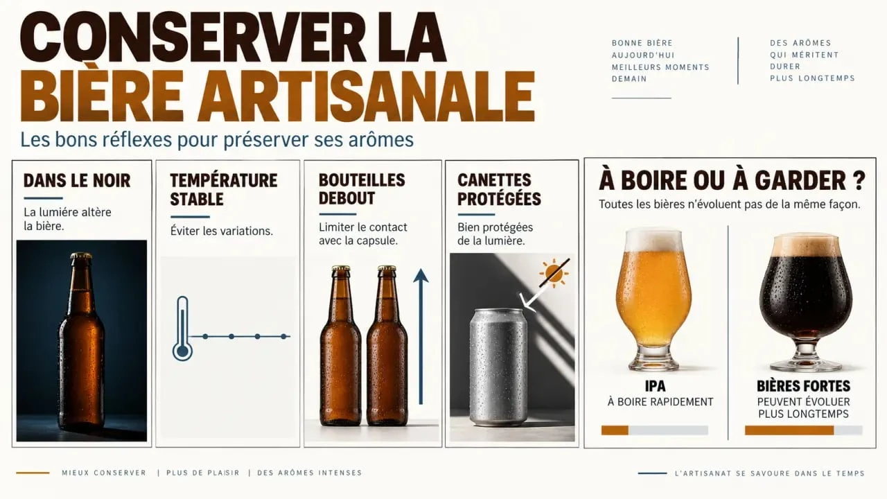Infographie sur la conservation bière artisanale : lumière, température stable et position debout